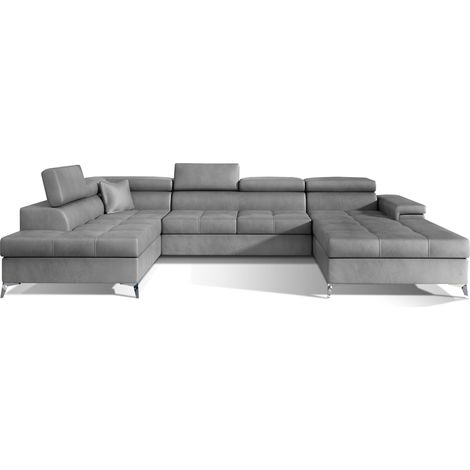 Les Tendances – Canapé panoramique convertible en velours gris clair – Rangement à gauche – Têtières réglables – Couchage 125x265 cm – Design moderne (1/5)