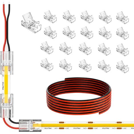 Lot de 20 Connecteurs LED 2 Broches 8 mm Transparents Câble 5 m, COB SMD 12V 24V sans Soudure Cuisine (1/5)