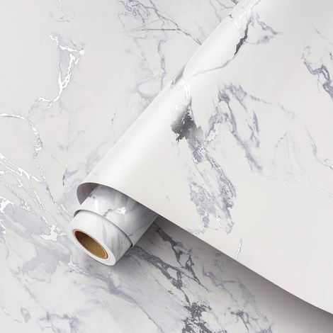 Papier Adhesif pour Meuble Marbre Blanc 40CMx7M Revetement Plan De Travail Marbre Credence Vinyle Adhesif Blanc Mat Rayure Gris Papier Peint Salle De Bain Stickers Porte Placard (1/5)