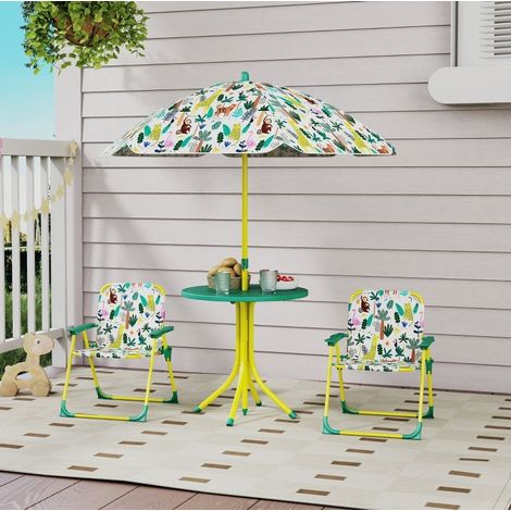 Conjunto infantil de mesa y sillas 4 piezas con sombrilla regulable y desmontable verde DESVIAE (1/5)