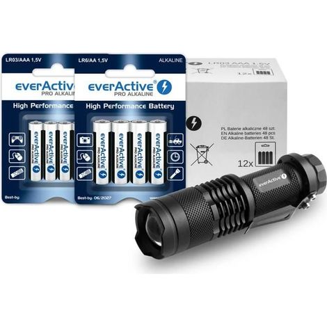 Kit de Survie everActive, comprenant 96 piles alcalines LR6/AA et 48 piles LR03/AAA de haute qualité, ainsi qu'une lampe torche LED (1/2)