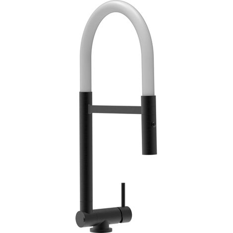Rubinetto abbattibile a soli 4,5 cm, miscelatore cucina Nero Opaco per sottofinestra canna bianca movibile e doccia due getti staccabile (1/5)