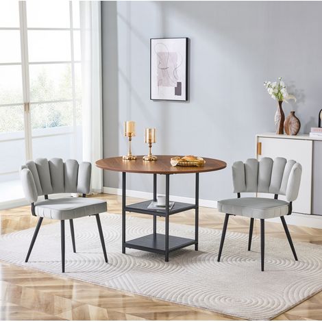 Set tavolo da pranzo rotondo con 2 sedie 107x107x75 cm, doppio ripiano, MDF e metallo, noce e grigio chiaro (1/5)
