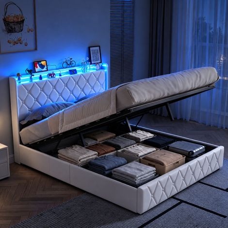 JOOKGBD-Polsterbett Doppelbett 160x200cm in beigem Samt, LED RGB Kopfteil mit Stauraum, Fernbedienung, USB/USB-C, hydraulischer Mechanismus, großer Stauraum unter dem Bett (1/5)