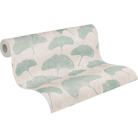 Papier peint floral sur fond beige Tapisserie à feuilles vert menthe Papier peint végétal tendance style cottage idéal pour salon (1/5)