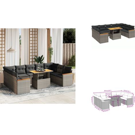 Salon de jardin avec coussins 10 pcs gris résine tressée - Ensemble Salon De Jardin - Meuble Extérieur - Résine Tressée - Rotin Synthétique - Table Extensible (1/3)