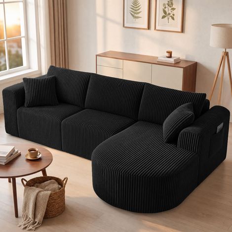 Canapé d'angle modulable 263 cm velours côtelé, convertible en lit, méridienne, coussins, poches, sans montage - Noir (1/5)