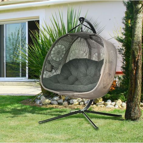 Fauteuil suspendu 2 places avec support pliable, coussin, acier sable OKMYHOME (1/5)