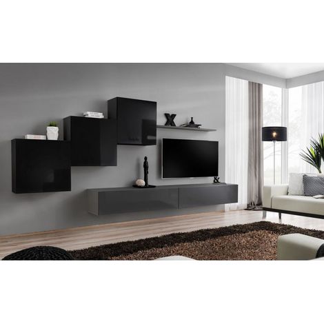 Ensemble mural - Switch X - 3 vitrines carrées - 2 bancs TV - 1 étagère - Noir et graphite - Modèle 2 - Livraison gratuite