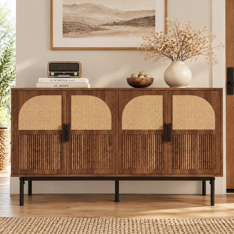 Buffet bas, Enfilade meuble de rangement pour salon salle à manger, Rotin cannage et MDF avec 4 portes 140x40x80cm, Noyer et Naturel (1/5)