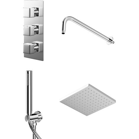 Cubix Polished Chrome Triple Thermostatic Valve Mixer Shower with Square Fixed Head and Round Handset Outlet Holder - 2 Outlet (1/5)