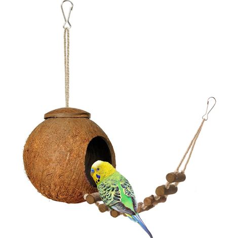 Coconut Shell Bird Nest - Natural Coconut Hideaway with Ladder for Birds and Small Animals - 30 cm x 11 cm - 1 Piece (1/5)
