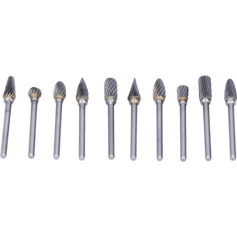 10-teiliges Set mit rotierenden Feilen aus Wolframkarbid, Schleifköpfen für die Holzbearbeitung, einseitig geschnitten, silberfarben (transparente Box) (1/5)