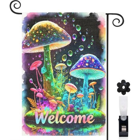 Drapeau de jardin bienvenue 30 x 45 cm motif champignons colorés féeriques toile double face décoration extérieure (1/5)