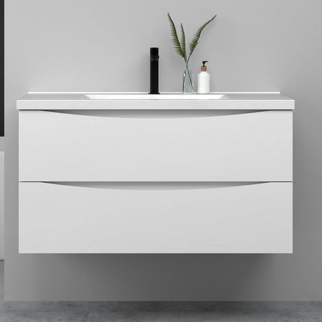 Meuble de salle de bain suspendu 100cm avec simple vasque + 2 tiroirs, Blanc (1/5)