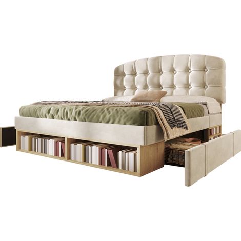 Cama doble tapizada 140x190 cm de terciopelo beige con somier y cajones HOMVRA (1/5)