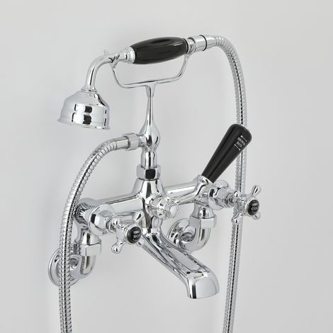 Milano Elizabeth Wall Mounted Bath Shower Mixer Tap - Chrome & Black (Crosshead Handles)