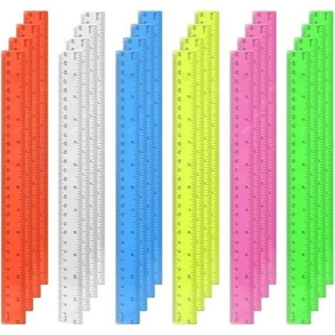 Set di 24 righelli in plastica trasparenti e colorati, lunghi 30 cm (12 pollici), con tacche in pollici e metriche, ideali per scuole e studenti.