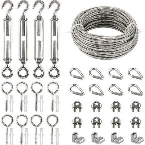 Kits de Câble en Acier Inox, 20m Câble Acier Galvanisé, Kit de Câble Métallique avce Tendeur Oeil-crochet M5, Attaches pour Câbles Métalliques, Manchons de Sertissage, Pitons Fermé, Cosse Coeur (1/5)
