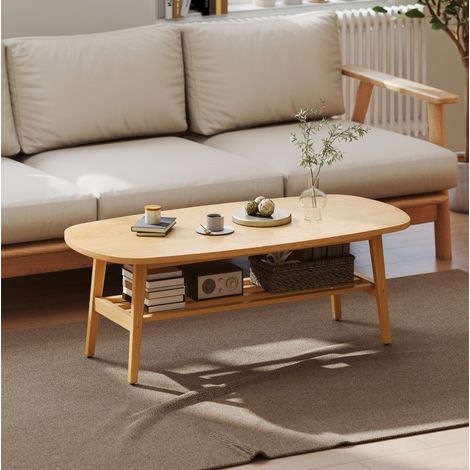 Table basse ovale avec plateau de rangement, table de salon compacte 120 x 60 x 42 cm, finition bois clair, idéale pour séjour, chambre et home office - CHICFURN (1/5)
