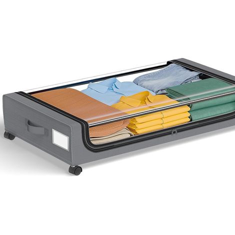 Boîte de rangement sous lit à roulettes avec poignée, organisateur de vêtements pliable en tissu Oxford gris (2 pièces) - Lot de 1 (1/5)