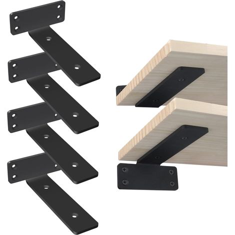 Équerre étagère murale noire – Lot de 4 supports invisibles 15cm – Charge jusqu'à 200 livres – Pour cuisine, garage, bibliothèque