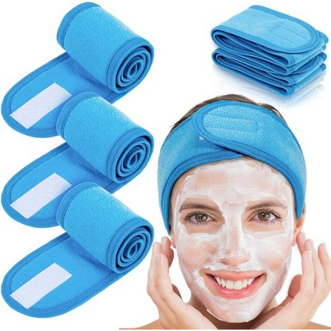 Diadema para spa (4 piezas) - Cinta para el cabello para maquillaje - Diadema elástica de felpa para deportes, yoga y ducha (azul) (1/5)