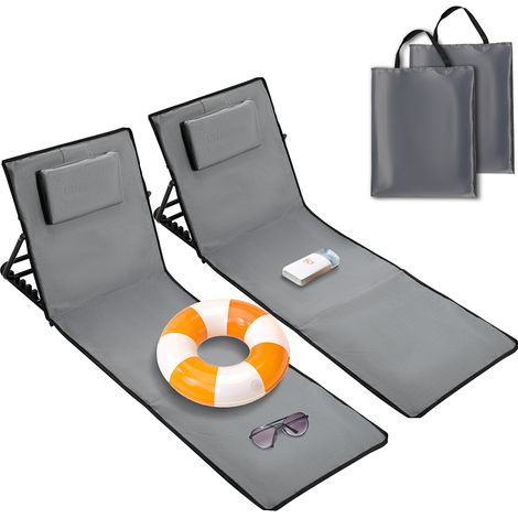Jiubiaz 2x Strandmatte mit Rückenlehne Gepolstert klappbar UV-beständig Tasche Reißverschluss Kissen Tragegurt Garten Camping Picknick Liegematte 145 x 47cm, Dunkelgrau