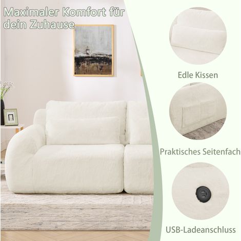 Canapé 2 places beige fausse fourrure lapin haut rebond,port USB et poche latérale pour petit salon et bureau.