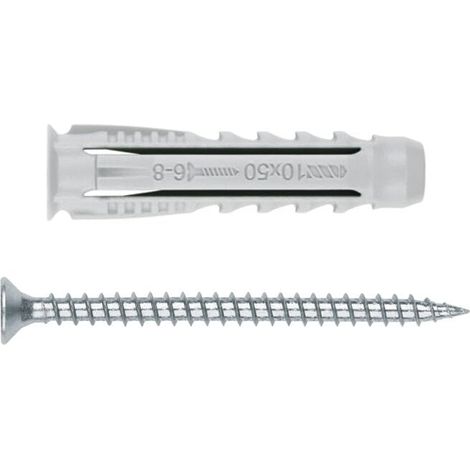 Chevilles en nylon multi-matériaux avec tire-fond en acier zingué, dimensions : 8 x 40 Ø8 (cheville) + 5 x 60 mm (vis), boîte de 50 unités
