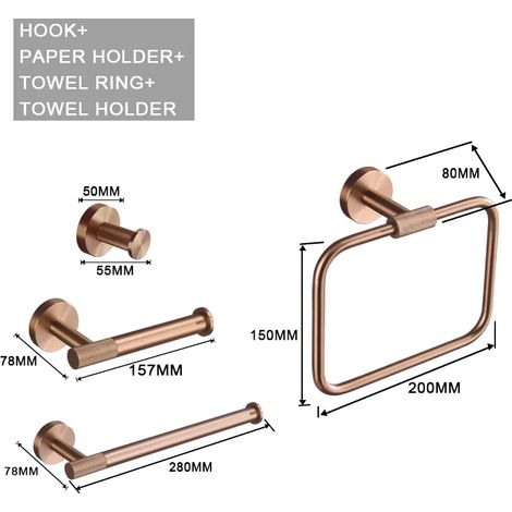 Ensemble de 4 accessoires en or rose brossé : porte-brosse de toilette, porte-papier toilette, barre porte-serviettes, crochet de suspension, porte-savon. (1/5)