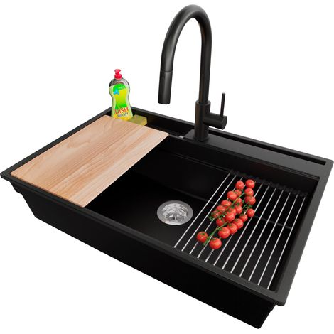 PRIMAGRAN Evier Cuisine en Granit 78x53cm, Lavabo 1 bac + Robinet 40x20cm + Kit de Vidage + Accessoires, Évier à Encastrer au meuble 80cm - Oslo Pocket, Noir (1/5)