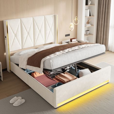 Lit tapissé 160/200 cm beige en velours avec tête haute, LED, ports USB et rangement hydraulique (1/5)