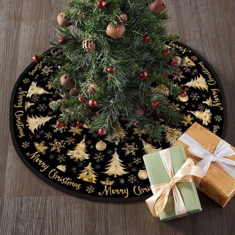 Ardoise De Sapin De Noël - Tapis Rond En Polyester Noir Avec Motifs Dorés De Sapin Et Flocons De Neige - 120 X 120 Cm - 1 Pièce (1/5)