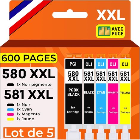 5 Cartouches d'encre XXL Compatible avec Canon PGI-580 CLI-581 Multipack pour Pixma TR7500 TR7550 TR8500 TR8550 TS6100 TS6150 TS6151 TS6250 TS6251 TS6350 TS6351 TS705 (1/5)