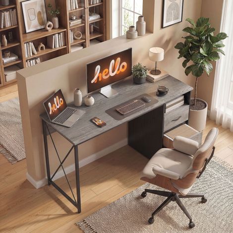 Scrivania per computer 120x50 cm, stile industriale, con vano portaoggetti e 2 cassetti, colore grigio chiaro, ideale per ufficio.