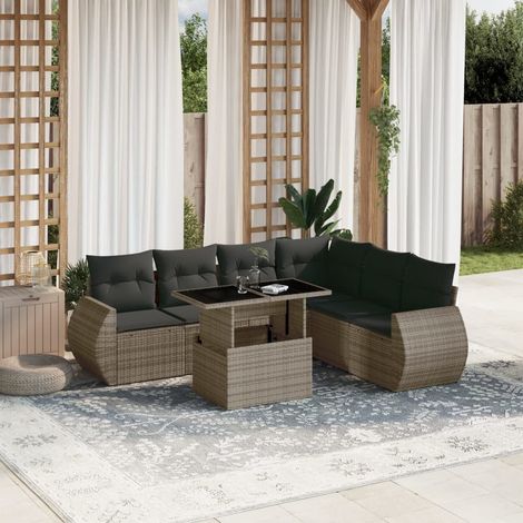 Canapé de Jardin 7 Places Gris Résine Tressée Ensemble Modulaire avec Table Réglable et Coussins Amovibles (1/5)