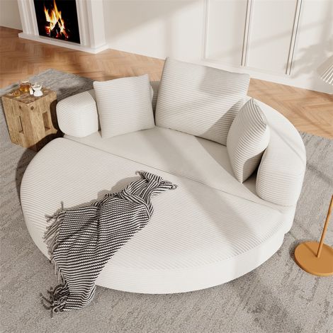Canapé Lit Pliant Modulaire - 173x176cm - Convertible Canapé Ovale d'Appartement en Velours Côtelé avec 3 Coussins - Beige Clair (1/5)