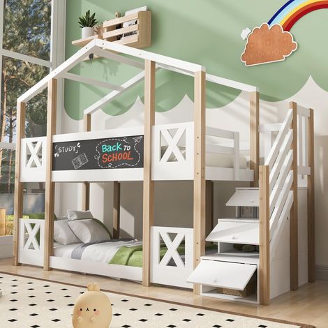 Lit superposé 90x200cm, lit cabane pour enfant avec escalier, espace de rangement et protection antichute, lit mezzanine pour enfant – 2 sommiers à lattes – naturel et blanc, garantie 2 ans