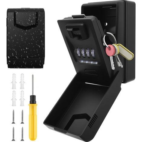 Caja fuerte para llaves con código digital, caja fuerte para llaves de exterior con iluminación LED, montaje en pared, código de 4 dígitos, impermeable, para llaves de casa, garaje