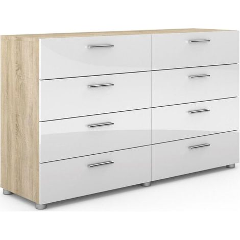 Petra Kommode 8 Schubladen Eiche Struktur Dekor und weiss Hochglanz.