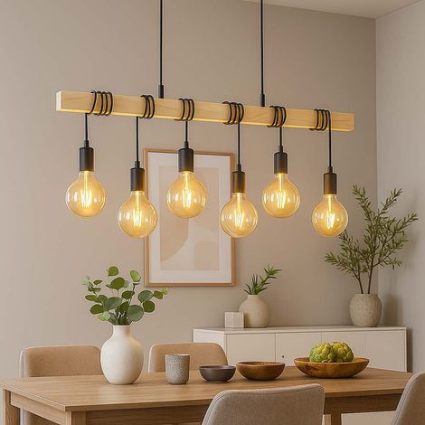 LED Hängelampe Esstischleuchte Holzbalken Pendellampe höhenverstellbar Wohnzimmerlampe, große Filament LED, 6x 4W 6x 320lm warmweiß, LxH 100 x 191,5 cm