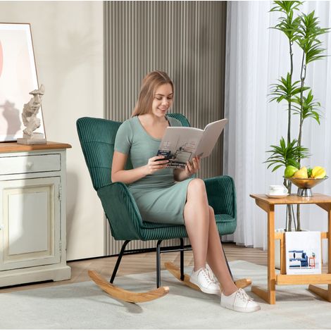 Chaise à bascule en polyester vert foncé avec accoudoirs et base en bois, 71 x 98 x 101 cm (1/5)