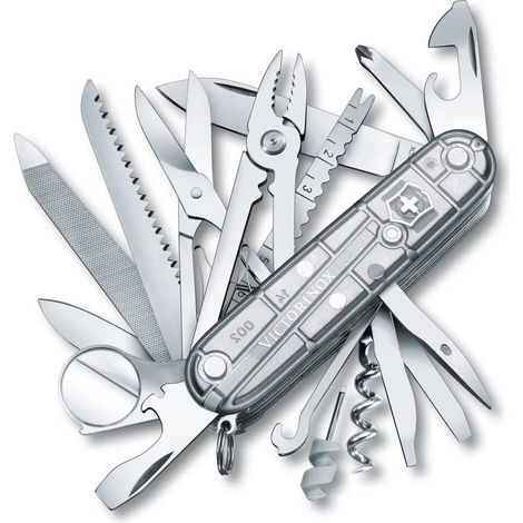 Victorinox 1.6794.T7 Swiss Champ Coltello Multiuso 31 Funzioni Lama in Acciaio Inox ABS Cellidor colore Argento Trasparente (1/3)