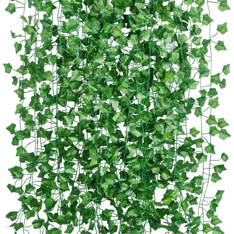 Ghirlanda di edera artificiale da 12 pezzi, 2 m, pianta artificiale per esterni, fogliame di edera artificiale, ghirlanda di foglie artificiali per decorazioni da interni + 100 fascette stringicavo