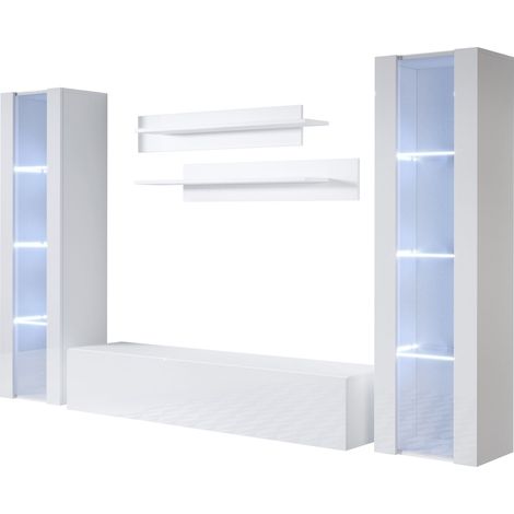 Mueble de salón con LED  Composición de salón TV  Mueble TV  Conjunto de Salón  Ancho 260cm  Modelo Luke 8A  Blanco Acabado brillo (1/5)