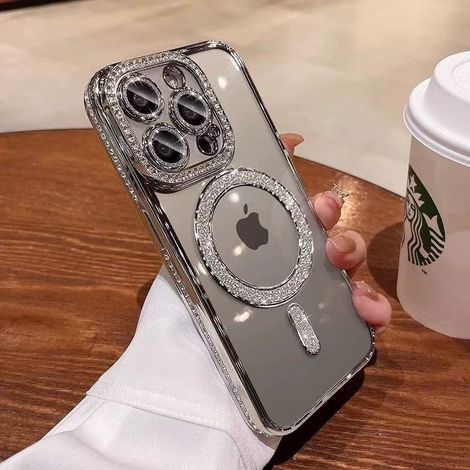 Coque argentée pour iPhone 17 Pro avec diamants magnétiques, chargement sans fil, protection intégrale de l'objectif, paillettes magnétiques et protection des bords