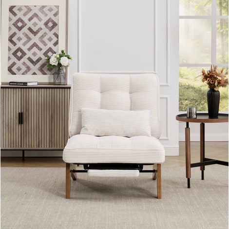 Sillón chaise longue 127x73x90 cm beige en pana con respaldo ajustable, cojín lumbar y patas de madera (1/5)