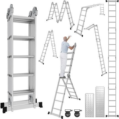 Randaco Scala pieghevole snodata 4x5 gradini, trabattello multifunzione, distanziatore a muro, scaletta, 2 piastre pianale di lavoro
