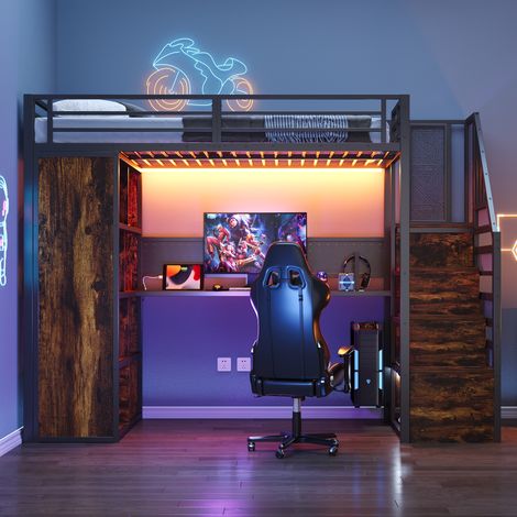 Lit mezzanine métal 90x200cm,rangements et armoire,escabeau,bureau,douilles européennes,tôle perforée,LED,noir
